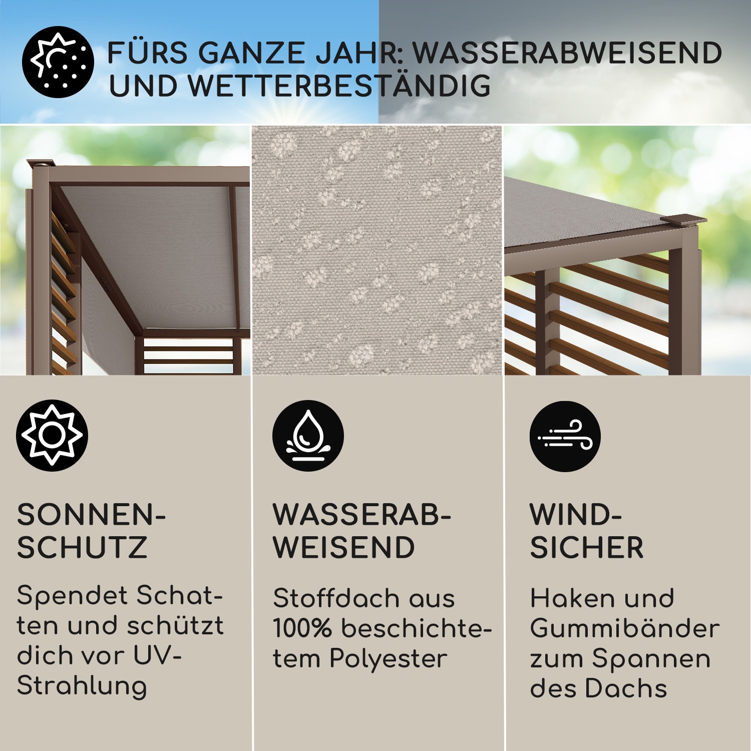 Valence Gazebo 3x3 m UV50+ wasserabweisend LED-Solar-Beleuchtung Solar-Panel Horizontale Streben | Dunkles Taupe