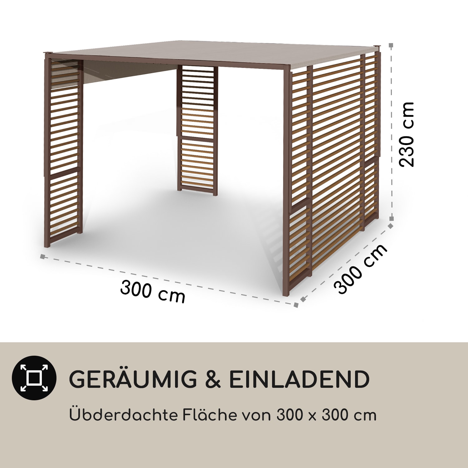 Valence Gazebo 3x3 m UV50+ wasserabweisend LED-Solar-Beleuchtung Solar-Panel Horizontale Streben | Dunkles Taupe