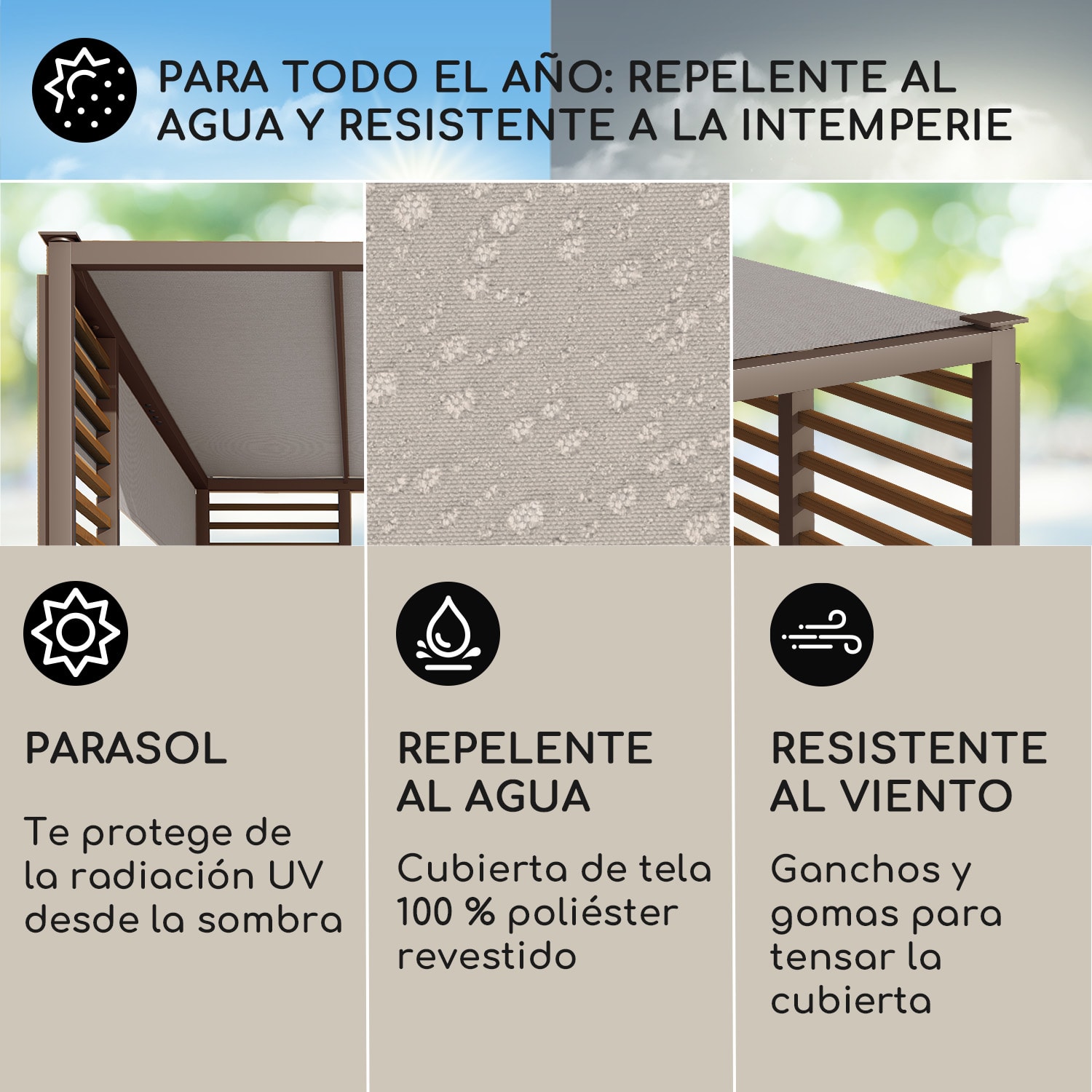 Valla Gazebo 3x3 m UV50+ Repelente de Agua Iluminación Solar LED Puntales horizontales | Gris Oscuro