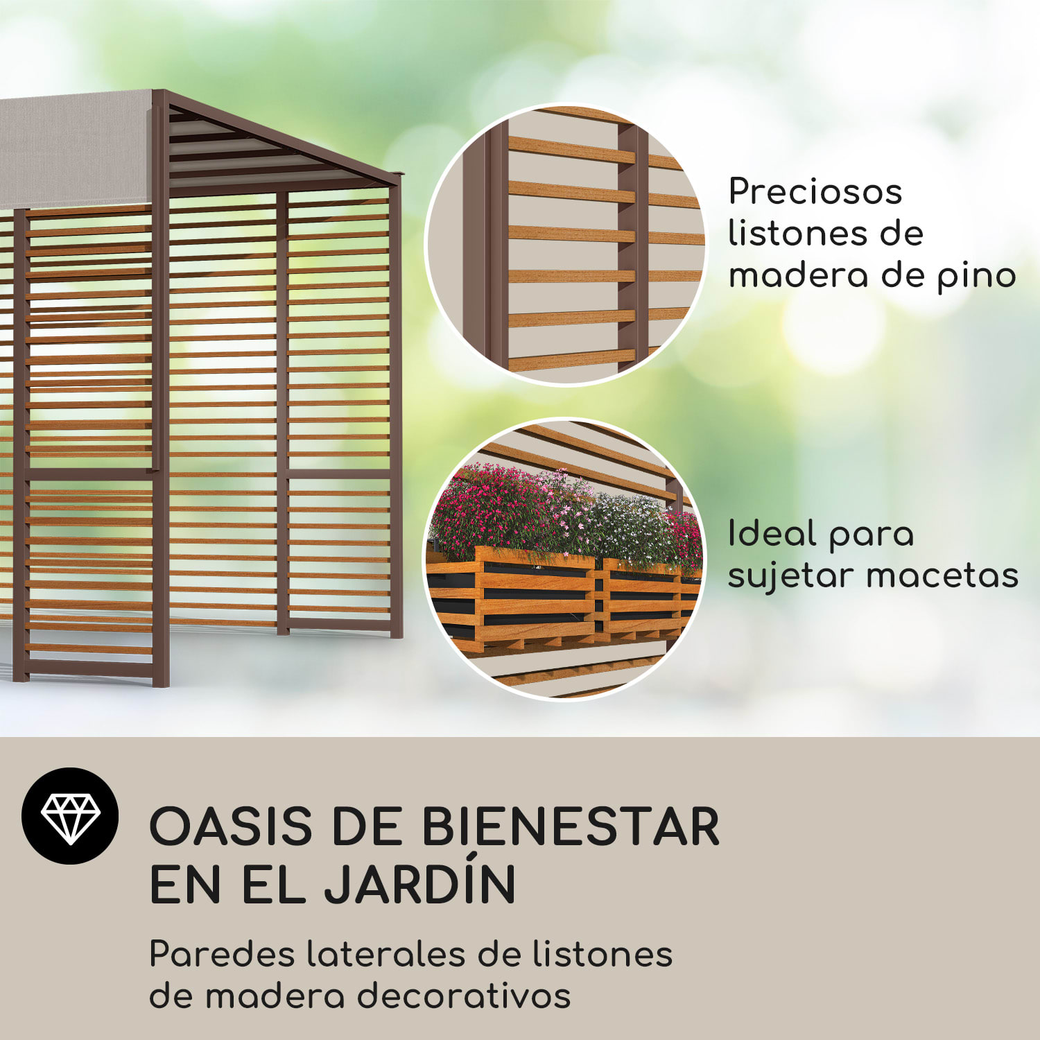 Valla Gazebo 3x3 m UV50+ Repelente de Agua Iluminación Solar LED Puntales horizontales | Gris Oscuro