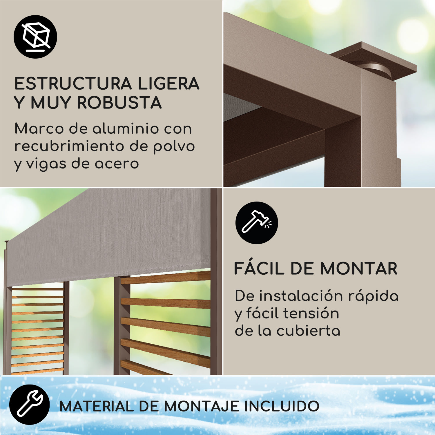 Valla Gazebo 3x3 m UV50+ Repelente de Agua Iluminación Solar LED Puntales horizontales | Gris Oscuro