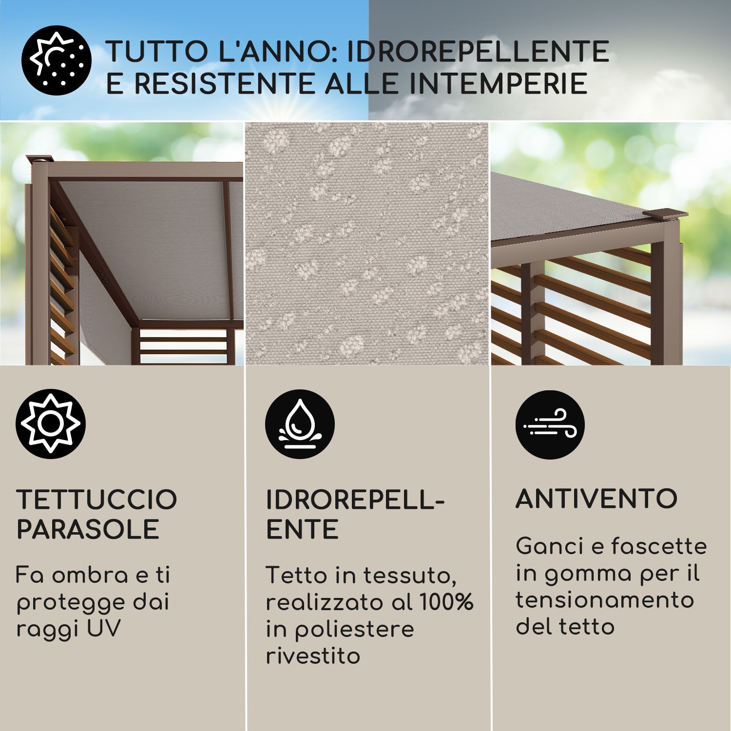 Valence gazebo 3x3 m, UV50+, idrorepellente, illuminazione solare a LED, pannello solare Puntoni orizzontali | Taupe scuro