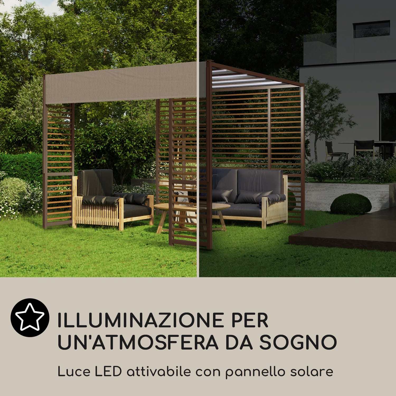 Valence gazebo 3x3 m, UV50+, idrorepellente, illuminazione solare a LED, pannello solare Puntoni orizzontali | Taupe scuro