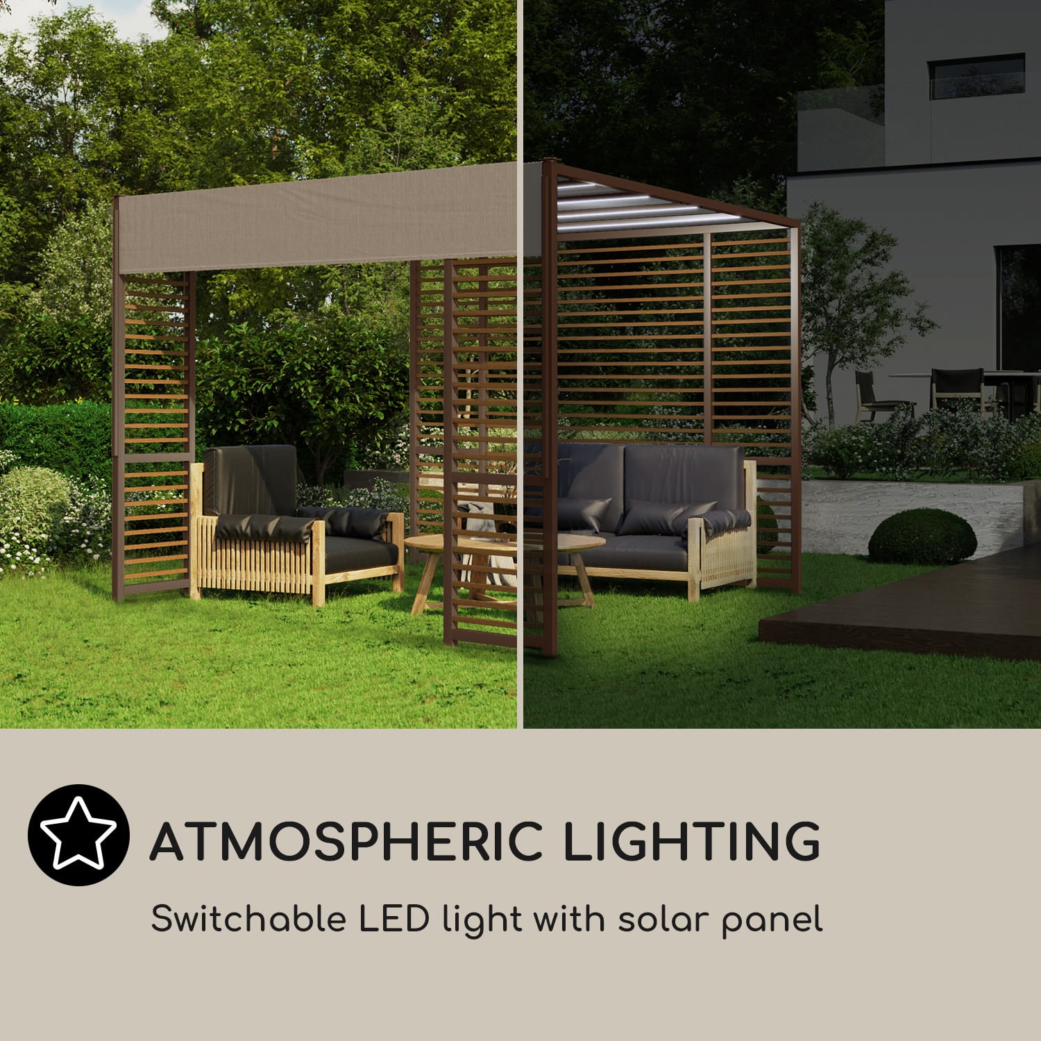 Valence Gazebo 3x3 m UV50+ Water Repellent LED Solar Lighting Solar Panel Horizontal struts | Dark Taupe