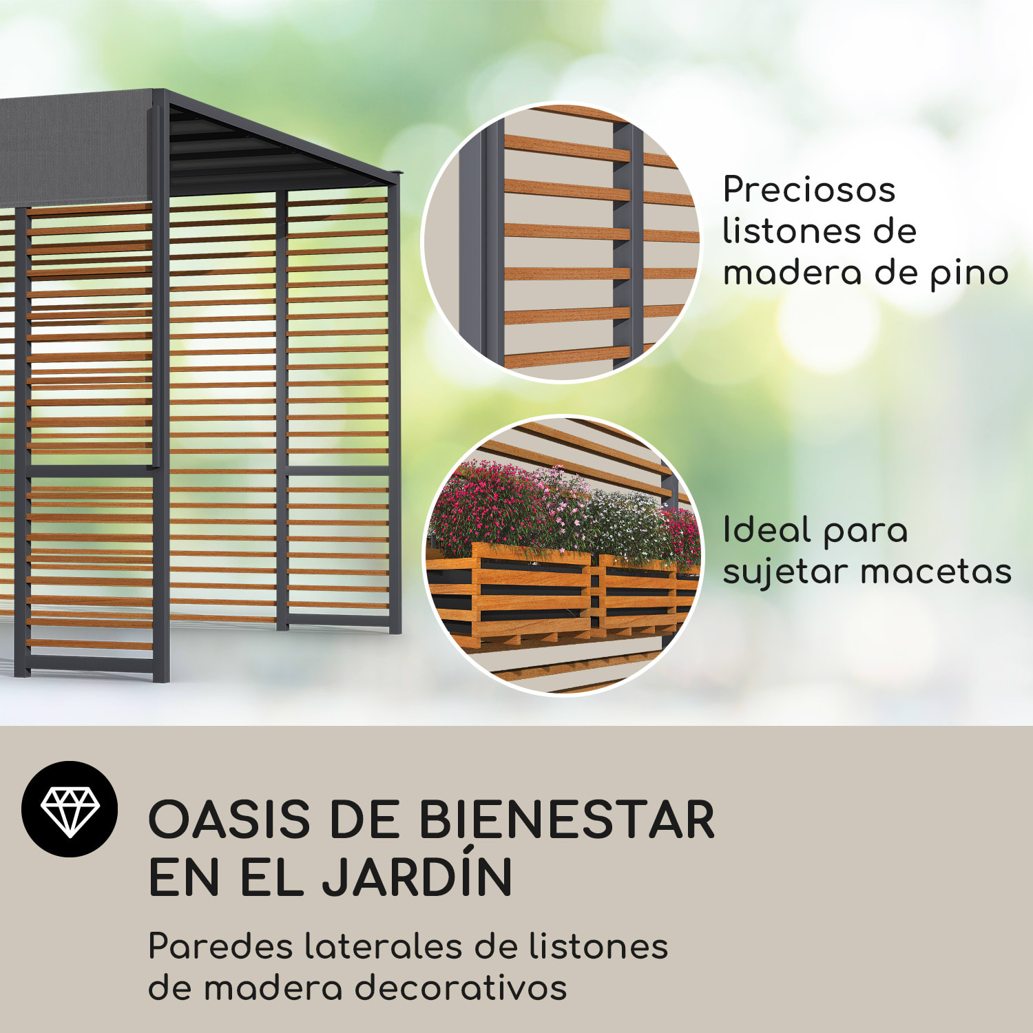 Valla Gazebo 3x3 m UV50+ Repelente de Agua Iluminación Solar LED Puntales horizontales | Gris Oscuro