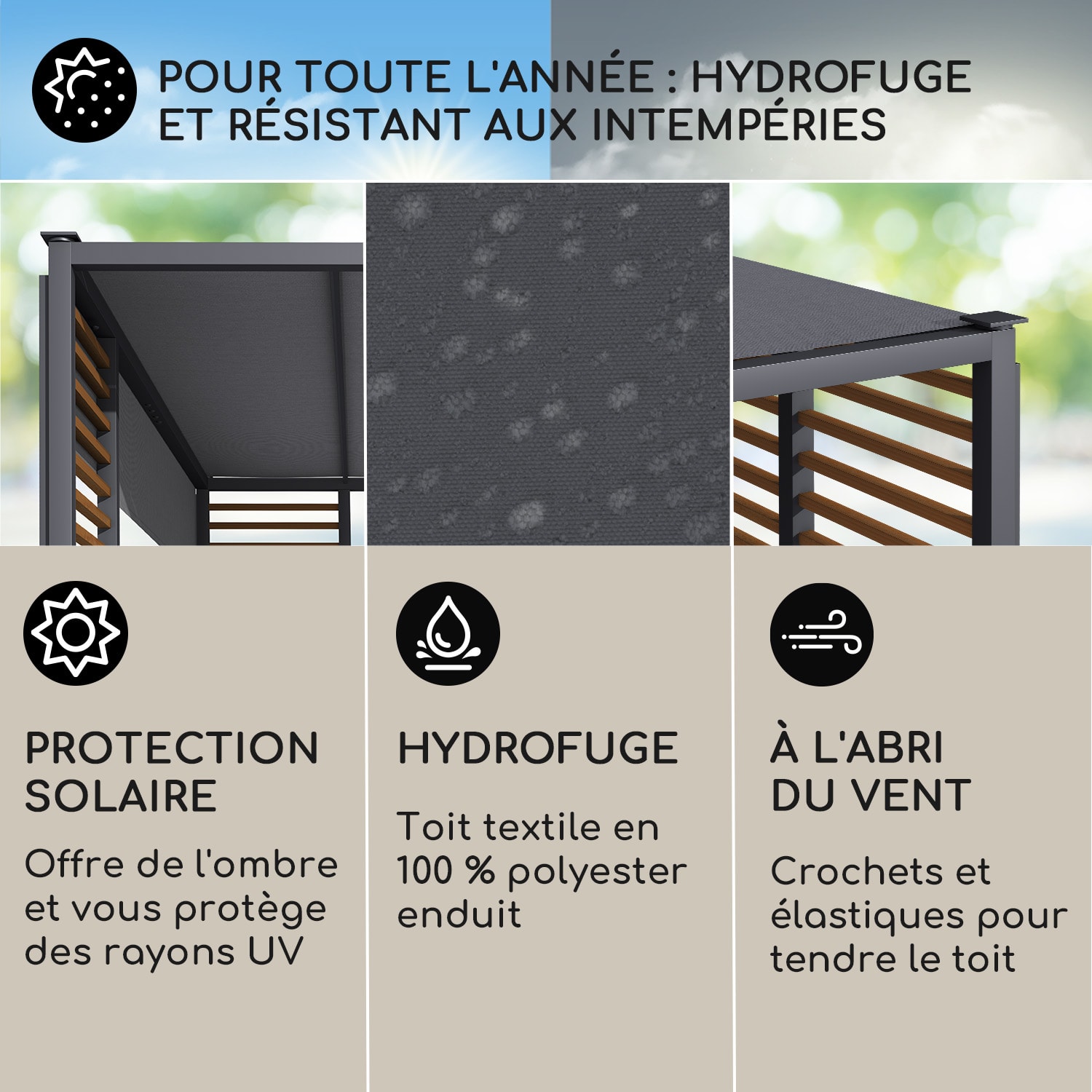 Valence Gazébo 3x3 m UV50+ hydrofuge Éclairage solaire LED Panneau solaire Entretoises horizontales | Gris Foncé