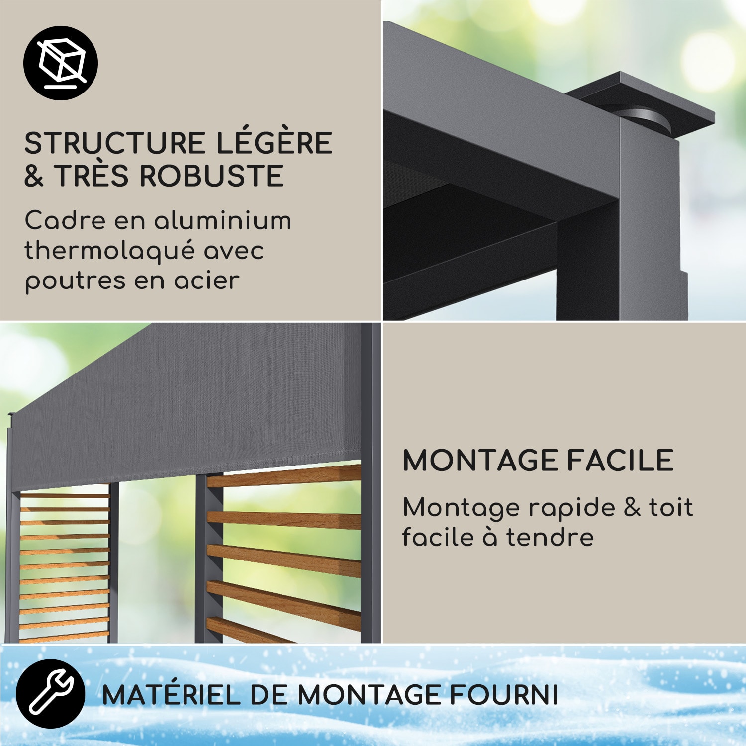 Valence Gazébo 3x3 m UV50+ hydrofuge Éclairage solaire LED Panneau solaire Entretoises horizontales | Gris Foncé