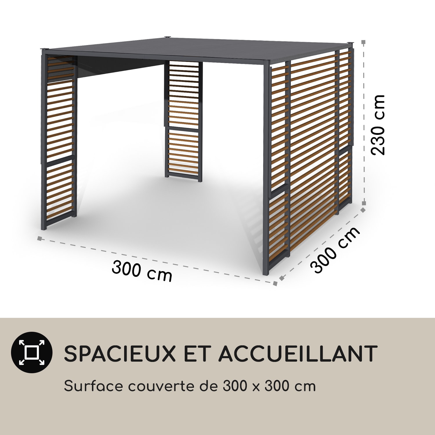 Valence Gazébo 3x3 m UV50+ hydrofuge Éclairage solaire LED Panneau solaire Entretoises horizontales | Gris Foncé