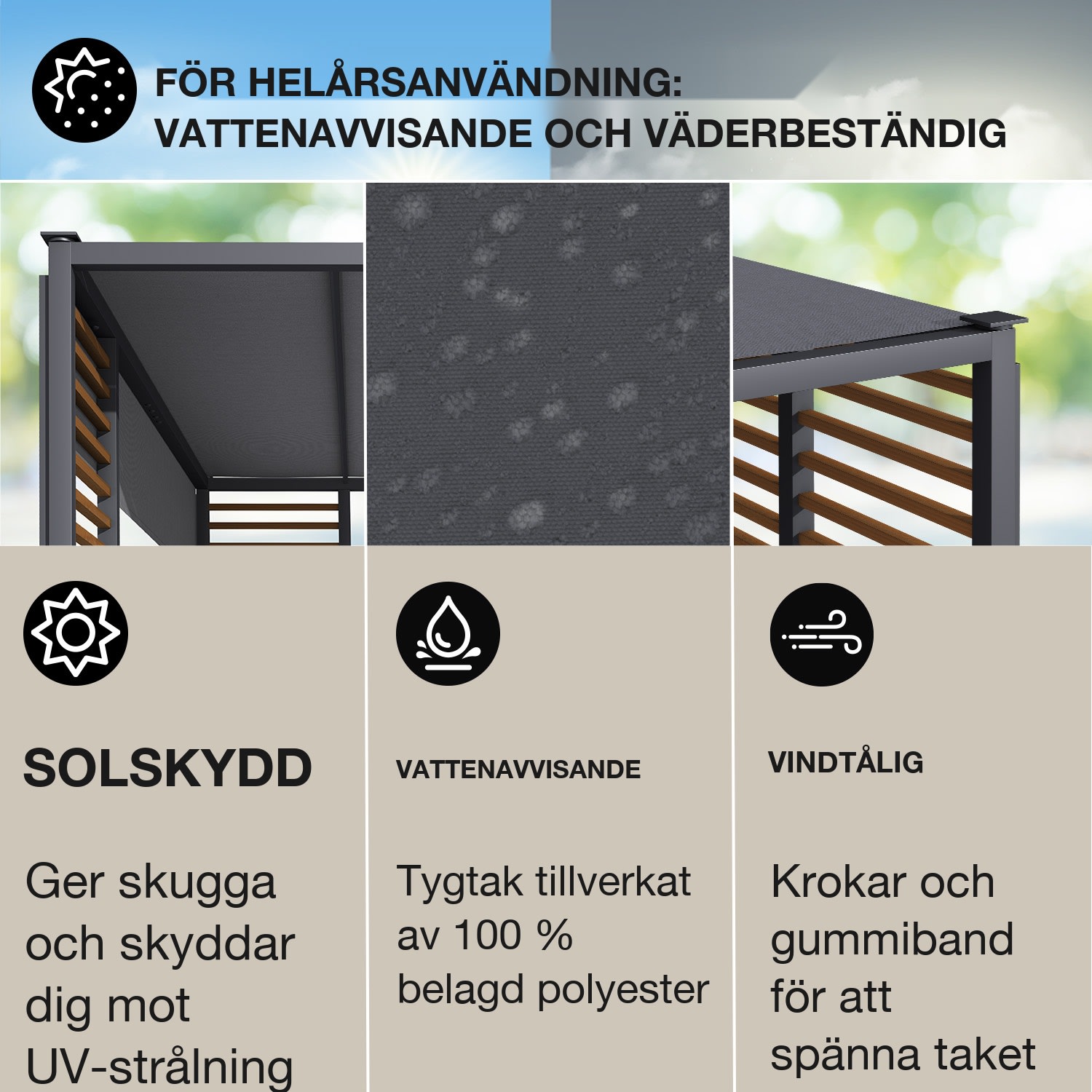 Valence Lusthus 3x3 m UV50+ vattenavvisande LED solcellsbelysning solpanel Horisontella stöttor | Mörkgrå