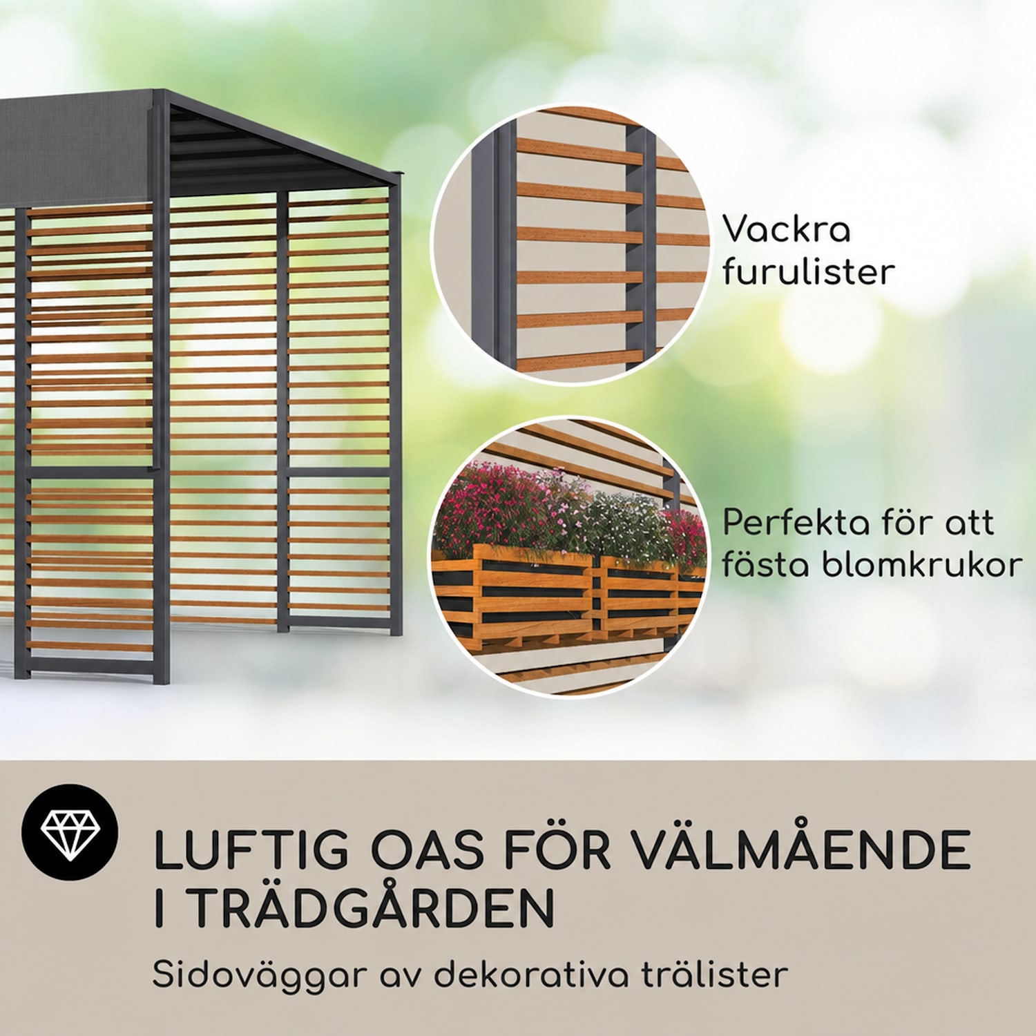 Valence Lusthus 3x3 m UV50+ vattenavvisande LED solcellsbelysning solpanel Horisontella stöttor | Mörkgrå