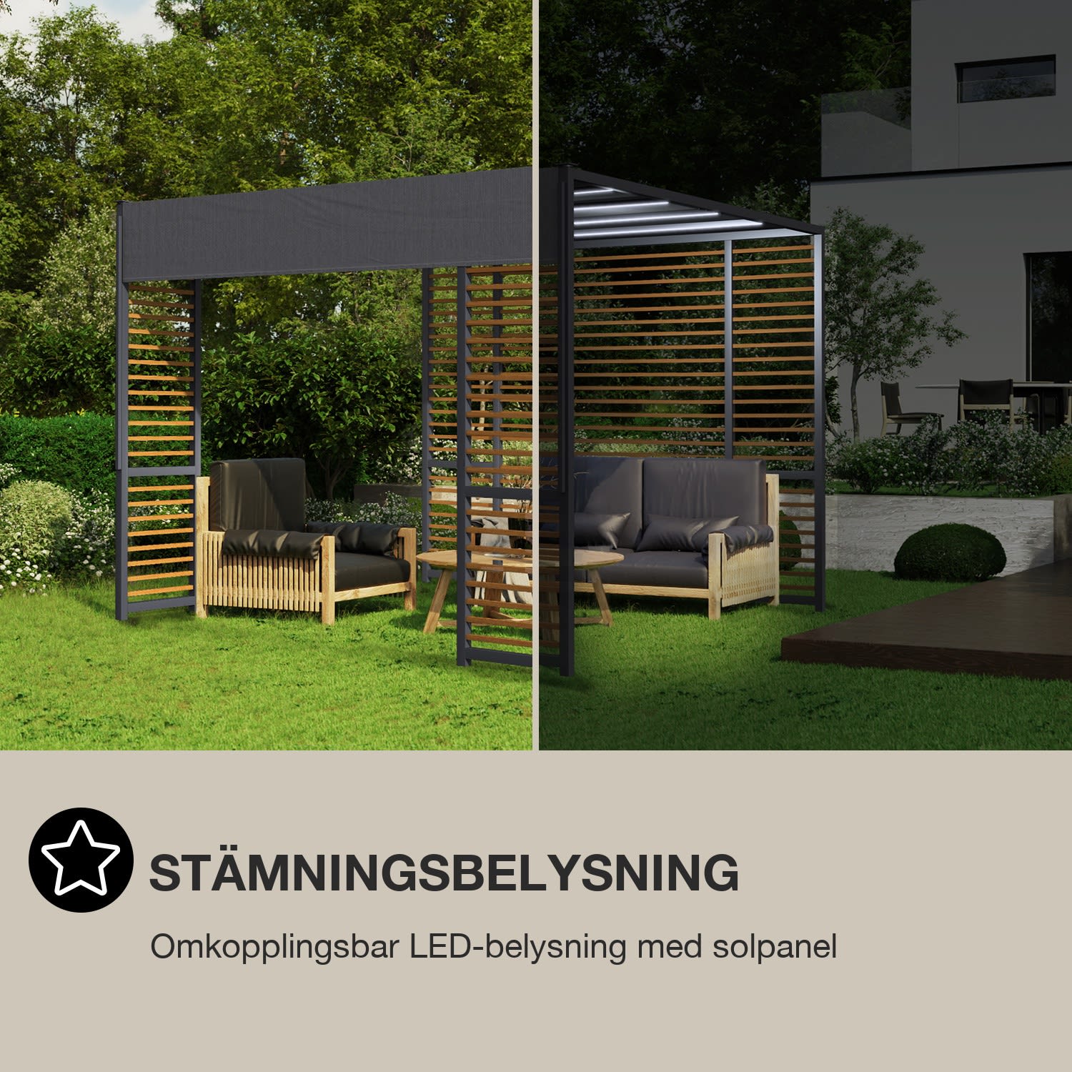 Valence Lusthus 3x3 m UV50+ vattenavvisande LED solcellsbelysning solpanel Horisontella stöttor | Mörkgrå