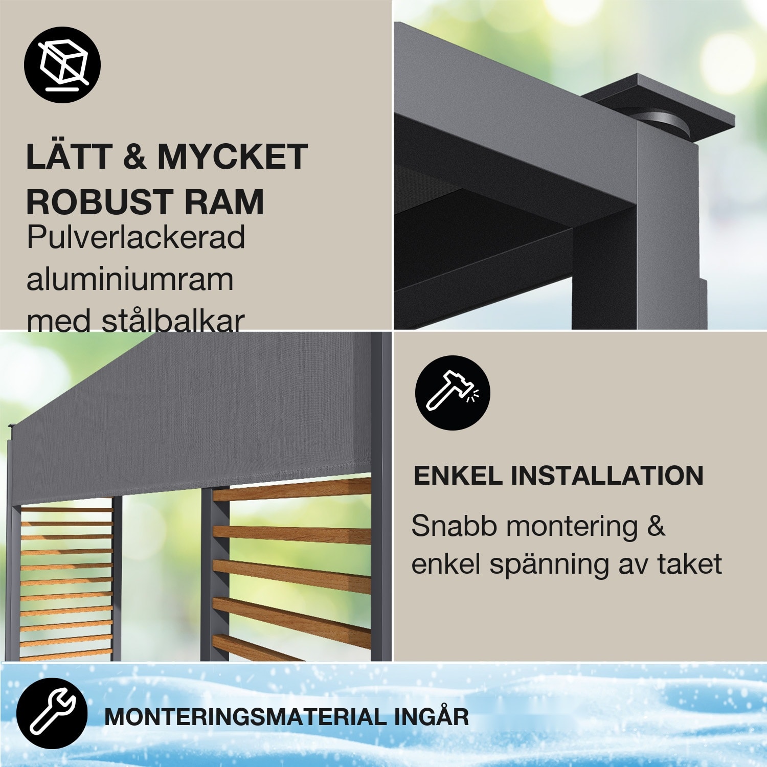 Valence Lusthus 3x3 m UV50+ vattenavvisande LED solcellsbelysning solpanel Horisontella stöttor | Mörkgrå
