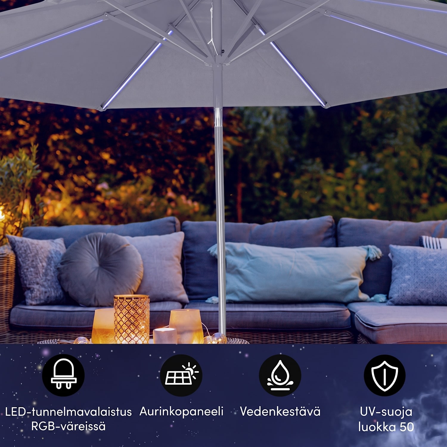 Blumfeldt Calais aurinkovarjo LED alumiinirunko polyesterikangas UV 50  Tummanharmaa