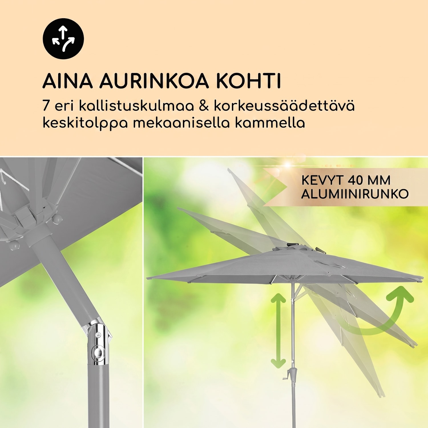 Blumfeldt Calais aurinkovarjo LED alumiinirunko polyesterikangas UV 50  Tummanharmaa