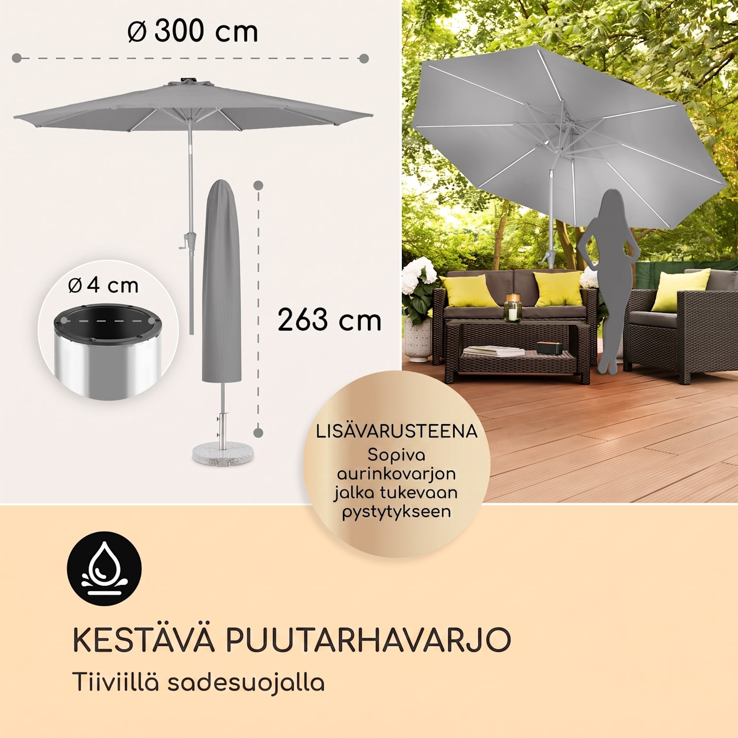 Blumfeldt Calais aurinkovarjo LED alumiinirunko polyesterikangas UV 50  Tummanharmaa