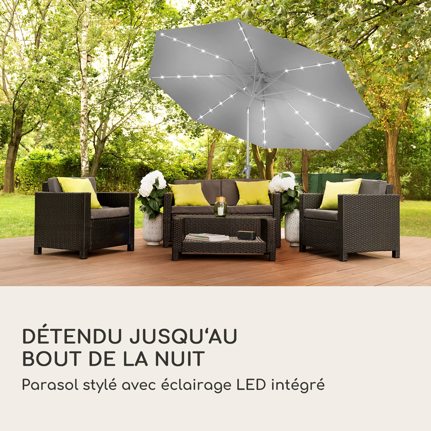 Parasol Blumfeldt Calais LED cadre aluminium toile polyester UV 50  Gris Foncé