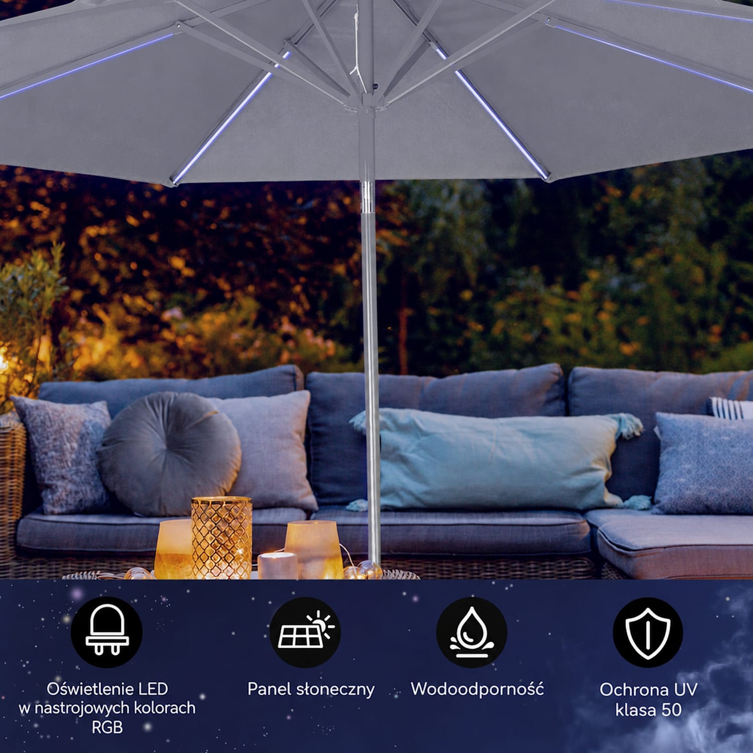 Calais, parasol ogrodowy, LED, aluminium, poszycie z poliestru, UPF 54 Ciemnoszary