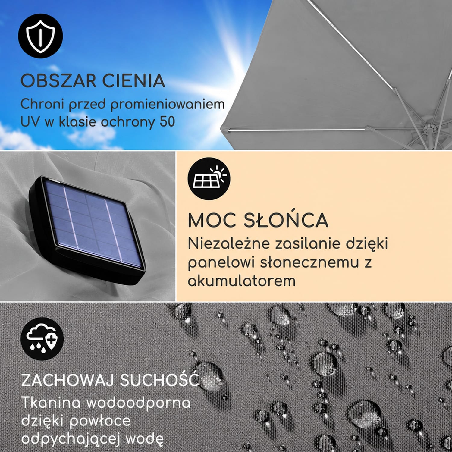 Calais, parasol ogrodowy, LED, aluminium, poszycie z poliestru, UPF 54 Ciemnoszary