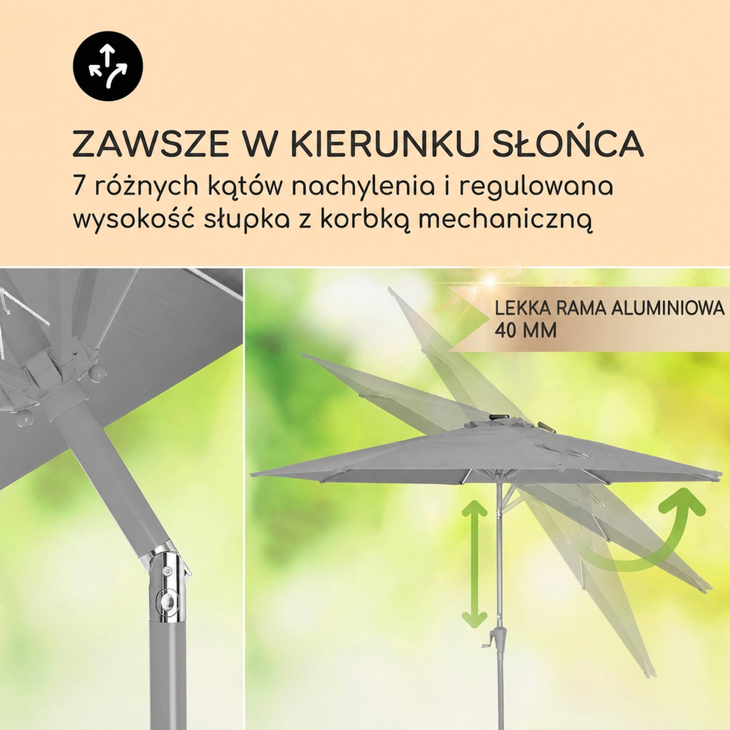 Calais, parasol ogrodowy, LED, aluminium, poszycie z poliestru, UPF 54 Ciemnoszary