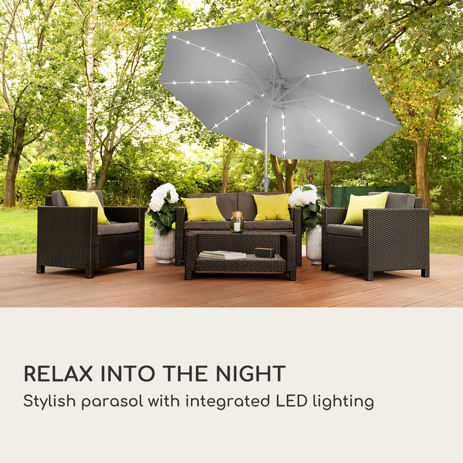 Calais, slnečník, hliníkový rám, polyester, UV 50, LED svetlo Tmavo šedá