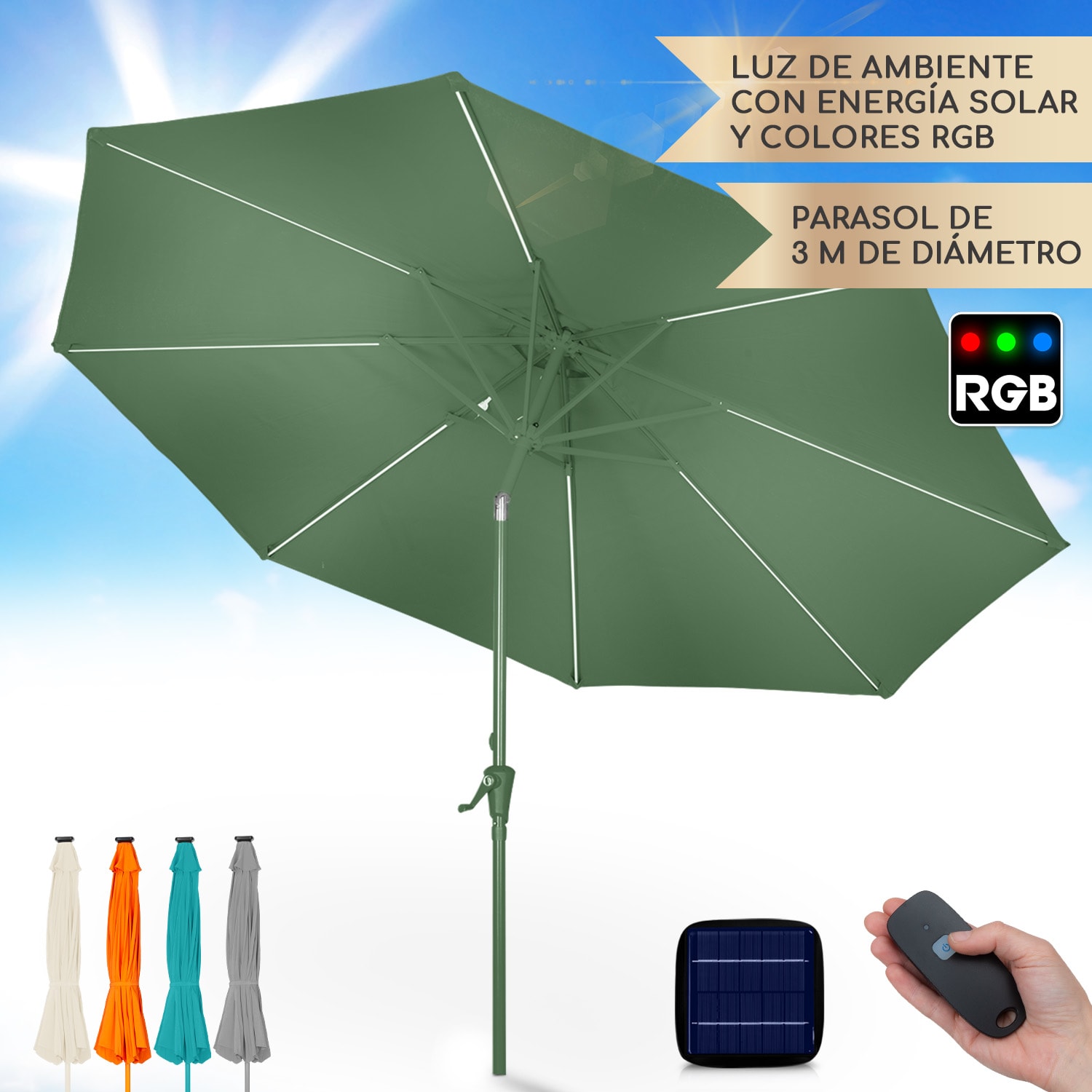 Calais Parasol LED blumfeldt marco de aluminio cubierta de poliéster UV 50  Musgo Oscuro