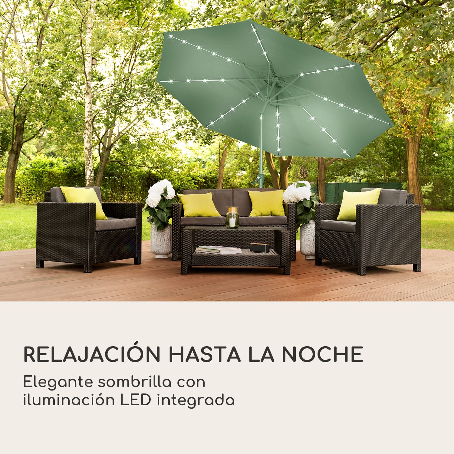 Calais Parasol LED blumfeldt marco de aluminio cubierta de poliéster UV 50  Musgo Oscuro