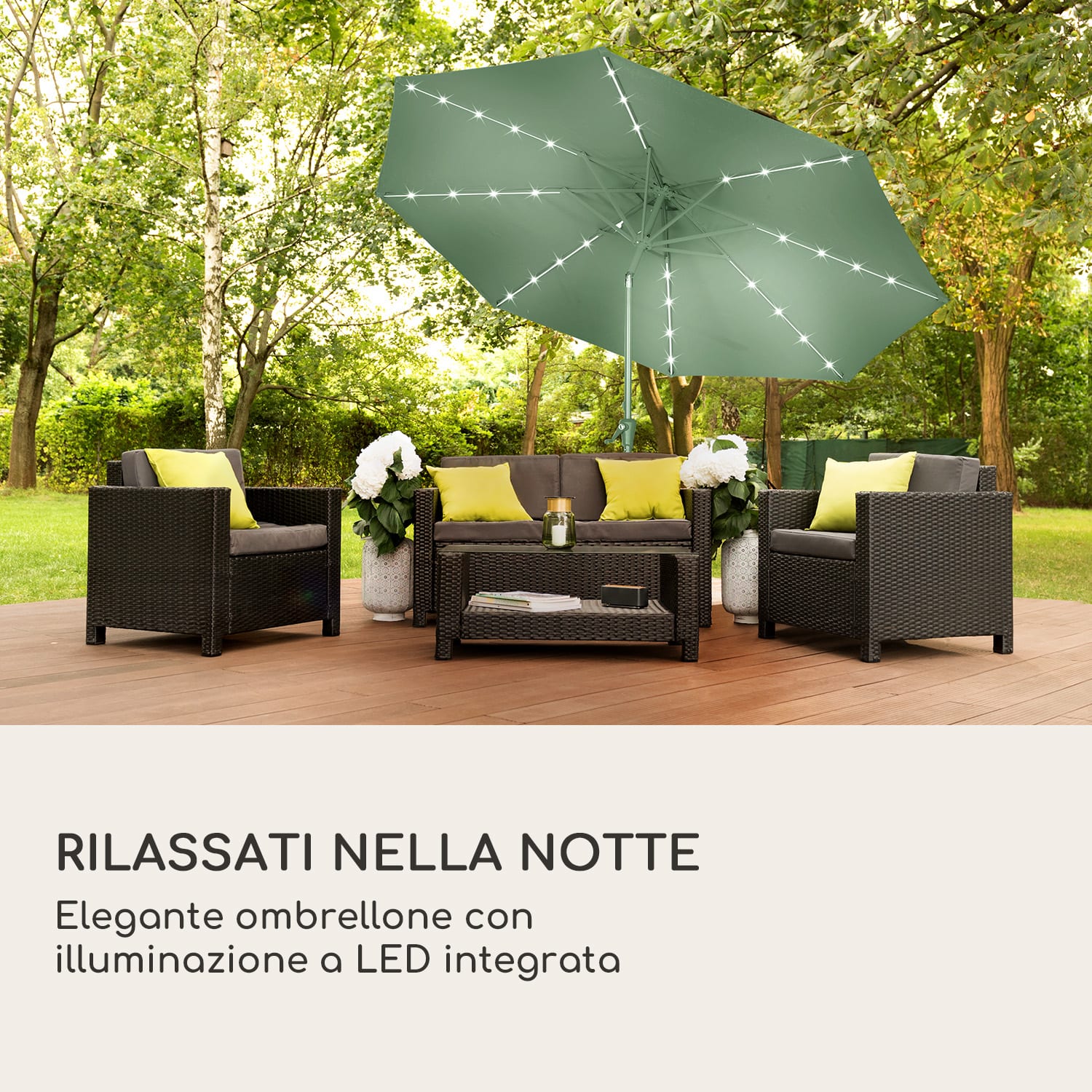 Ombrellone Blumfeldt Calais con luce al LED Telaio in alluminio Copertura in poliestere UV 50  Muschio scuro