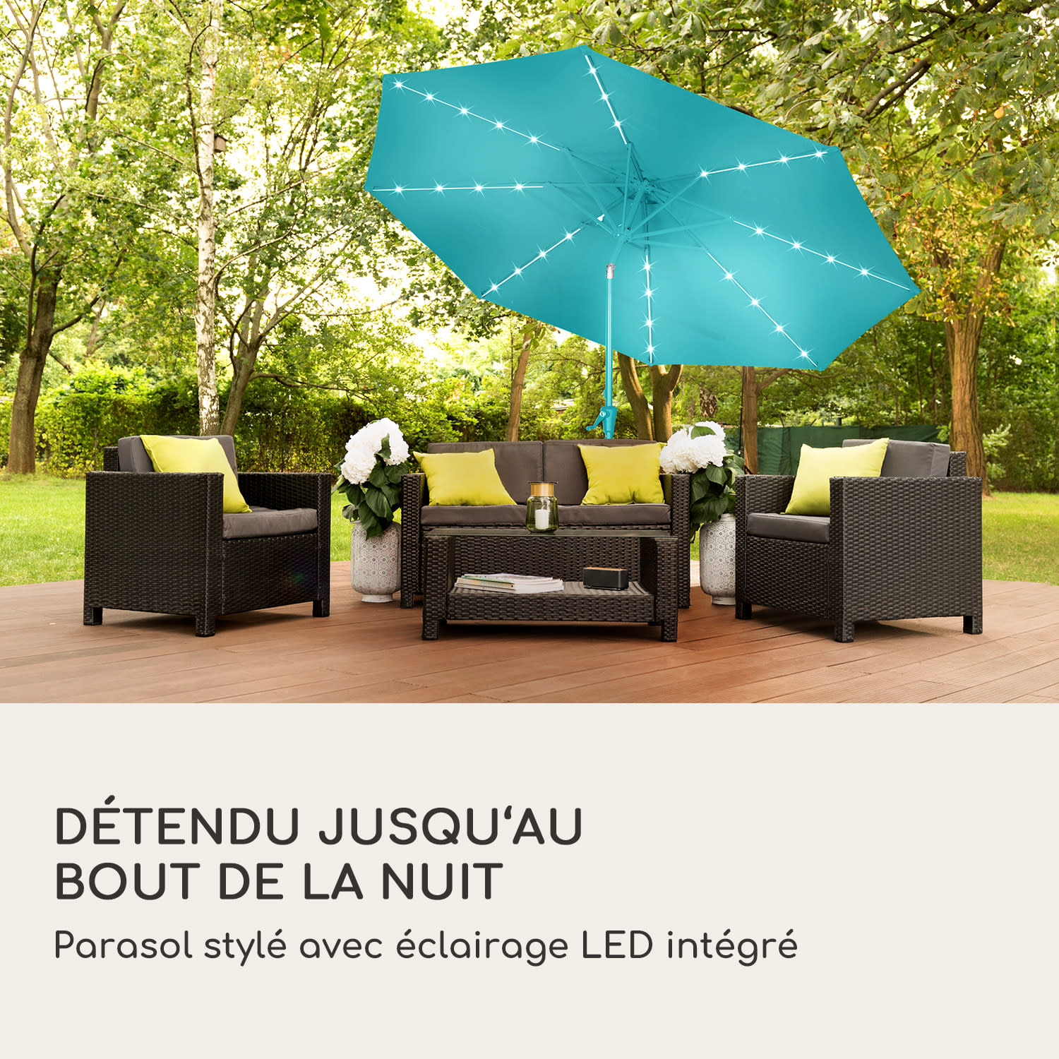 Parasol Blumfeldt Calais LED cadre aluminium toile polyester UV 50  Turquoise