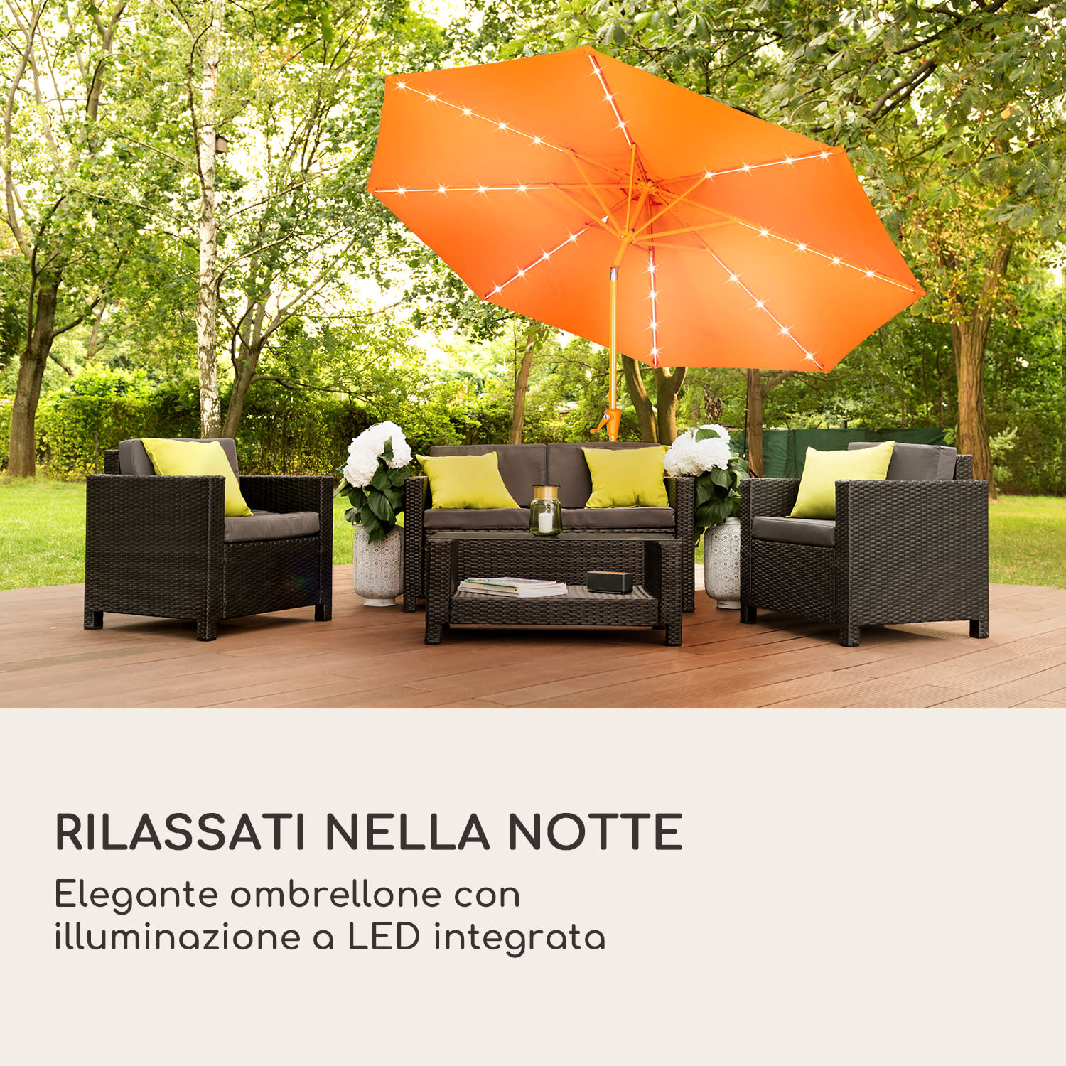 Ombrellone Blumfeldt Calais con luce al LED Telaio in alluminio Copertura in poliestere UV 50  Arancione