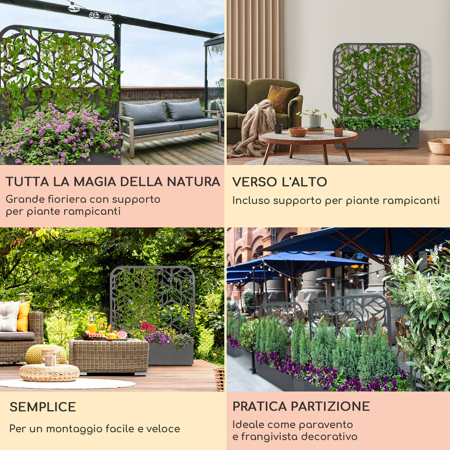 Almere - Set con fioriera e traliccio di supporto, 110 x 140 x 40 cm, in metallo, per interni/esterni 