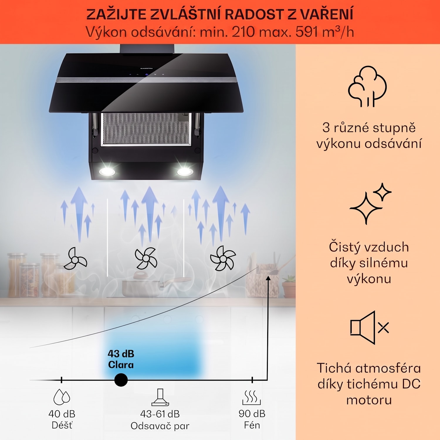 Clara 60, digestoř, 60 cm, nástěnná, 591 m³/h, dotykový displej, LED podsvícení, bílá 60 cm | Černá