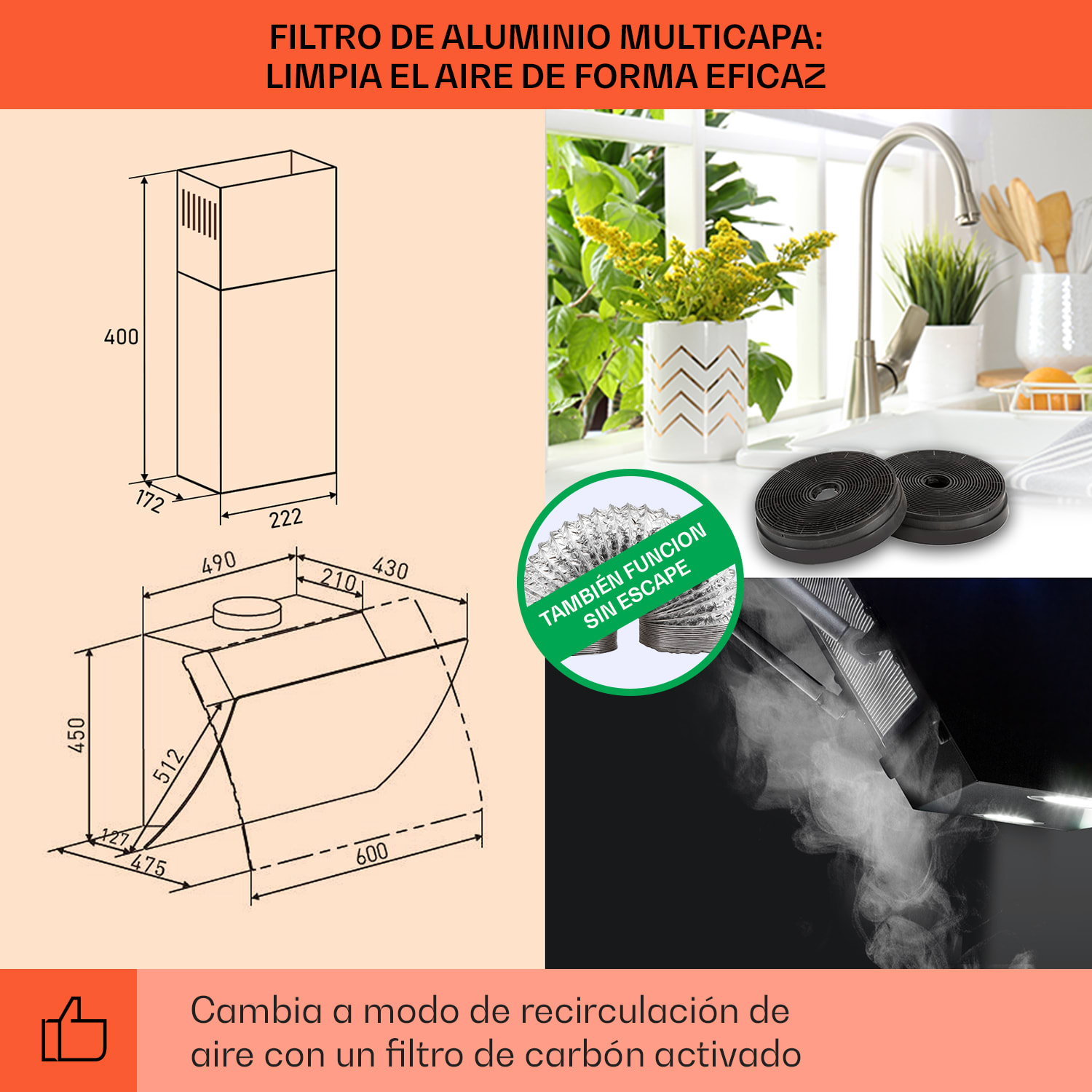 Clara 60 Campana extractora de vidrio 509 m³/h Luz ambiental táctil 
