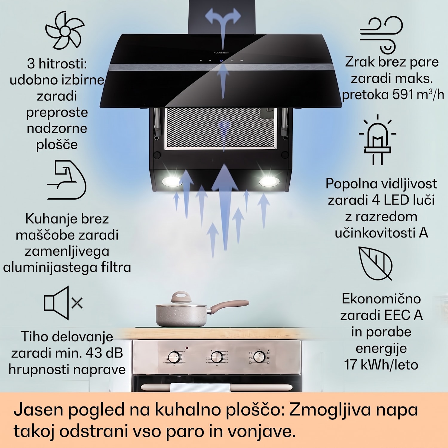Clara 60, napa, 591 m³/h, zaslon na dotik, ambientalna osvetlitev 60 cm | Črna