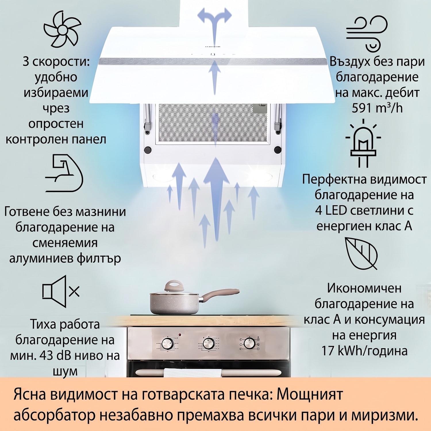 Clara 60, абсорбатор, 509 м³/ч, сензорен дисплей, околно осветление 60 cm | Бял