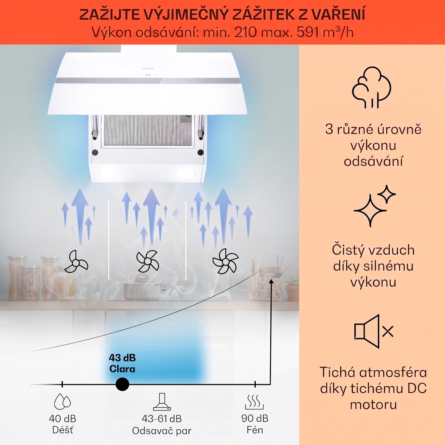Clara 60, digestoř, 60 cm, nástěnná, 591 m³/h, dotykový displej, LED podsvícení, bílá 60 cm | Bílá