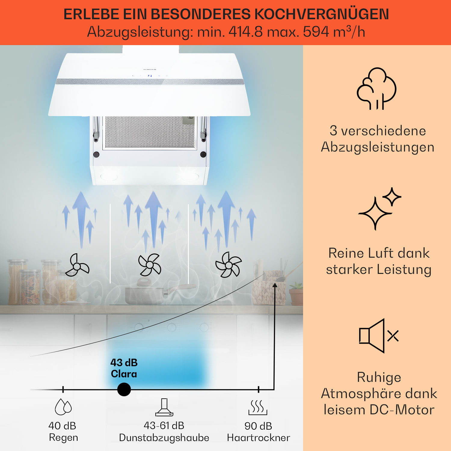 Hotte Clara 60 verre 509 m³/h Touch Lumière d'ambiance 60 cm | Blanc