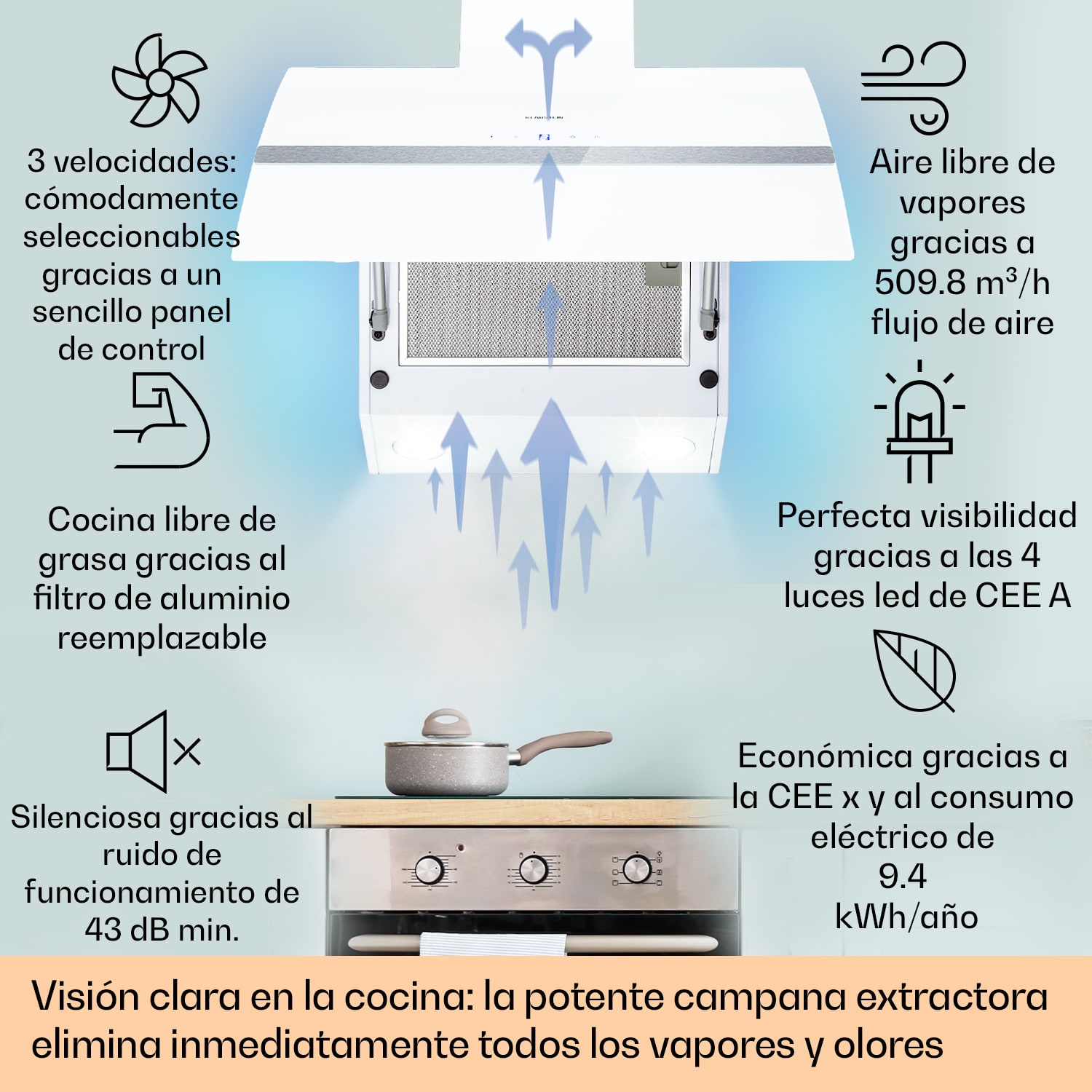 Clara 60 Campana extractora de vidrio 509 m³/h Luz ambiental táctil 60 cm | Blanco