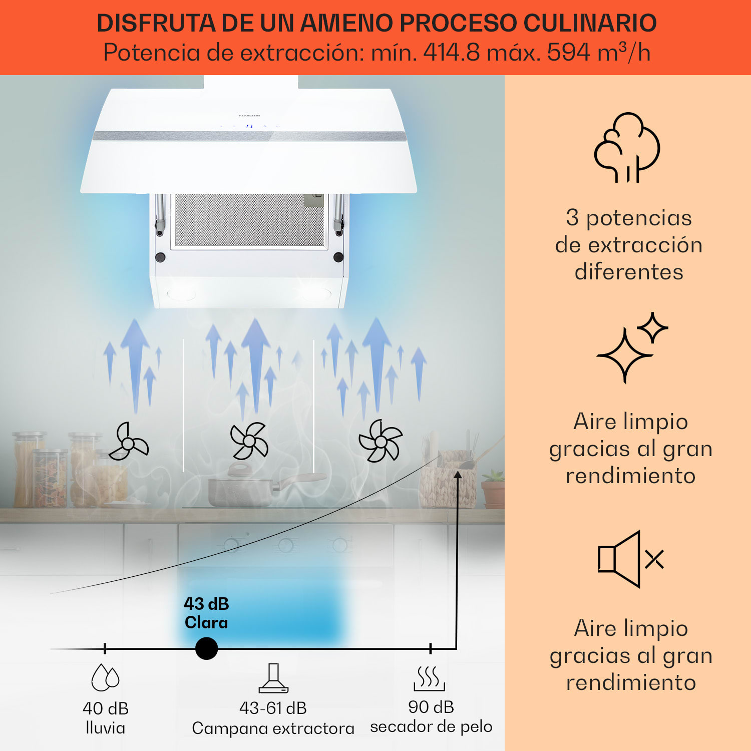 Clara 60 Campana extractora de vidrio 509 m³/h Luz ambiental táctil 60 cm | Blanco