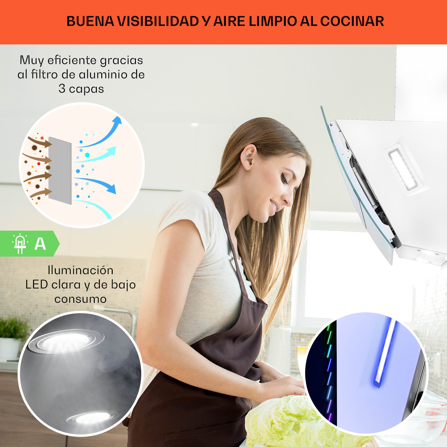 Clara 60 Campana extractora de vidrio 509 m³/h Luz ambiental táctil 60 cm | Blanco