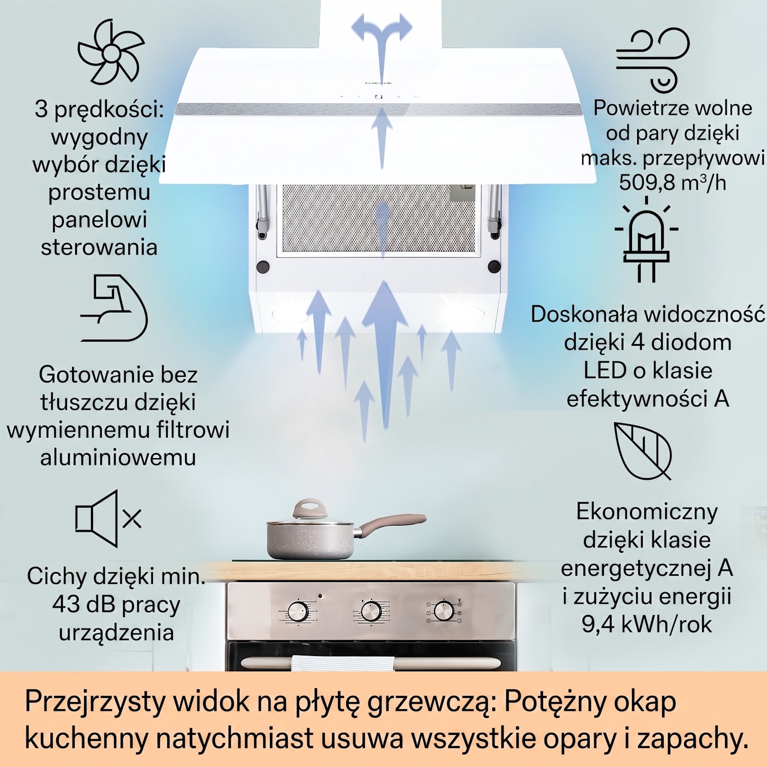 Clara 60, okap kuchenny przyścienny, 60 cm, 591 m³/h, panel dotykowy, oświetlenie ambientowe, szklany 60 cm | Biały
