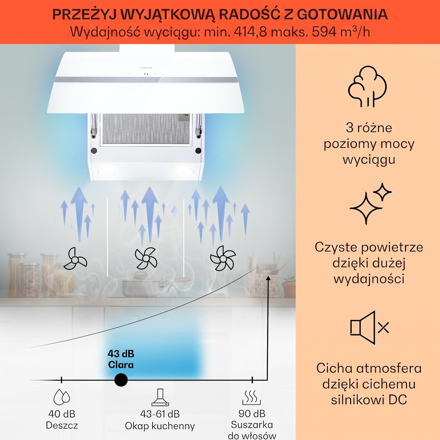 Clara 60, okap kuchenny przyścienny, 60 cm, 591 m³/h, panel dotykowy, oświetlenie ambientowe, szklany 60 cm | Biały