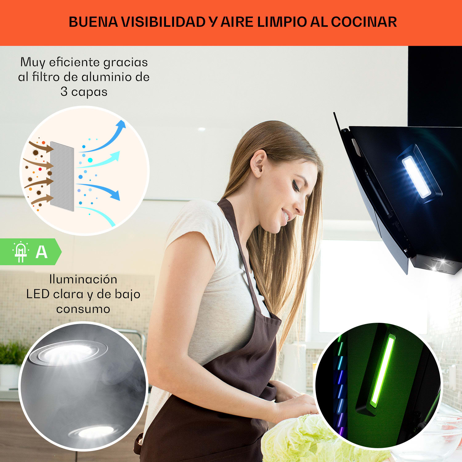 Clara 90 Campana extractora de vidrio 509 m³/h Luz ambiental táctil 90 cm | Negro
