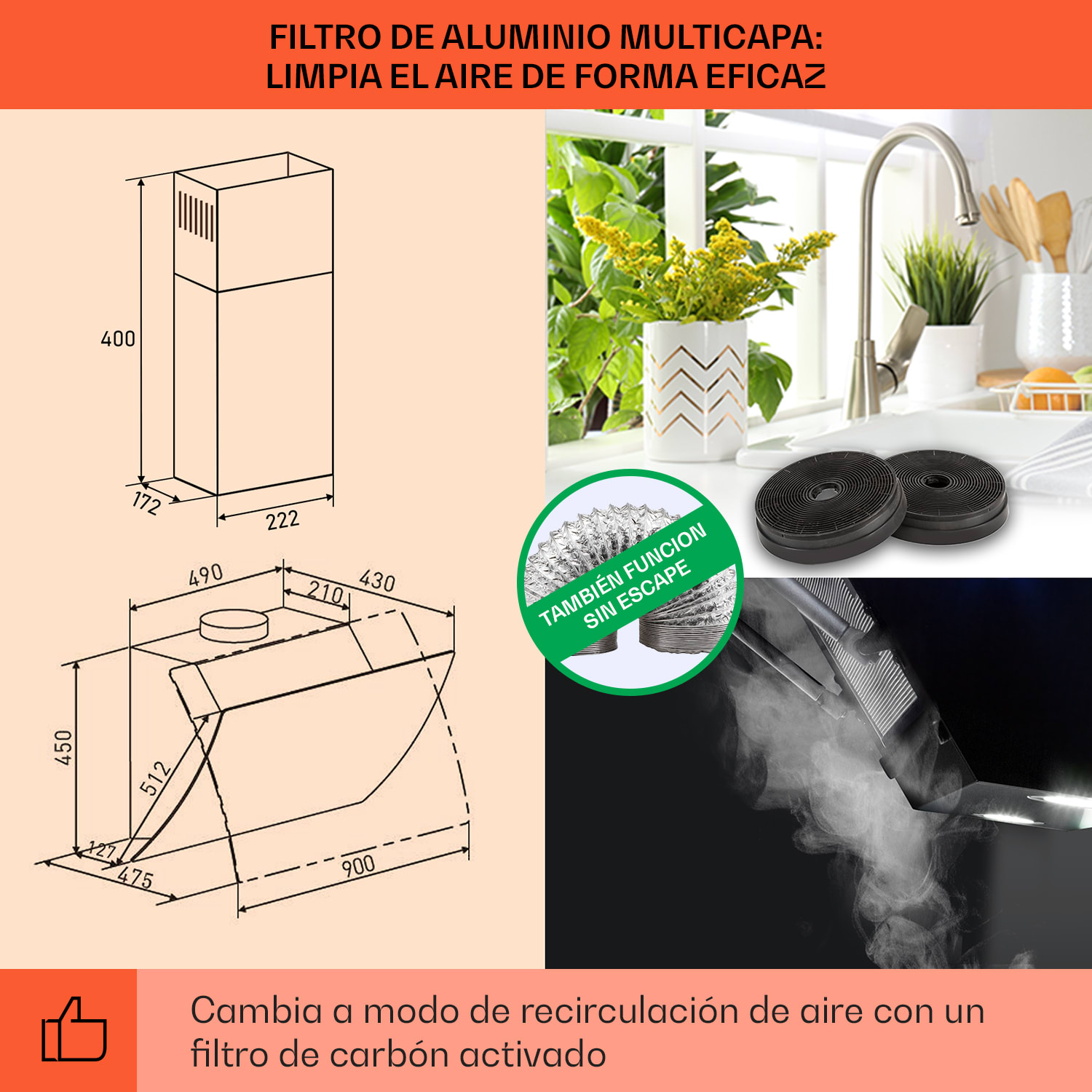 Clara 90 Campana extractora de vidrio 509 m³/h Luz ambiental táctil 90 cm | Negro