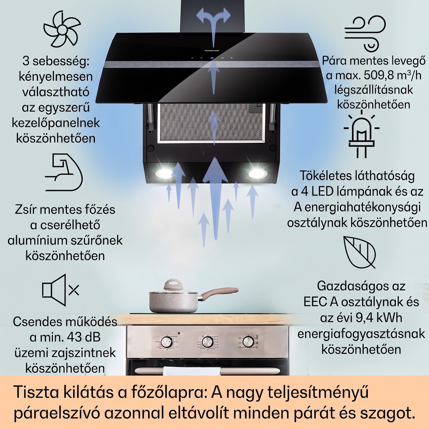Clara 90, páraelszívó, 509 m³/ó, érintőkijelző, környezeti háttérvilágítás 90 cm | Fekete