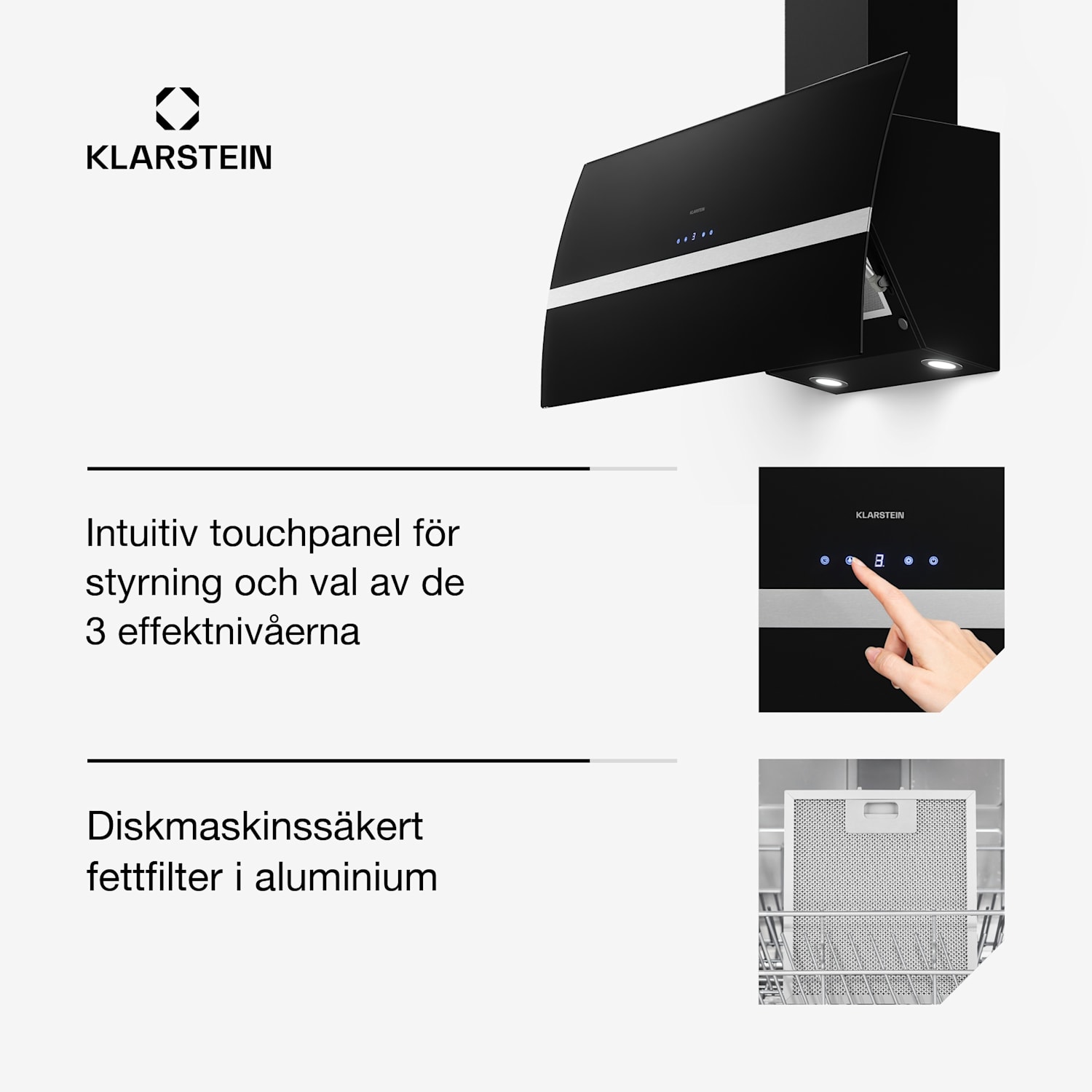 Clara 90 Spisfläkt glas 509 m³/h touch bakgrundsbelysning 