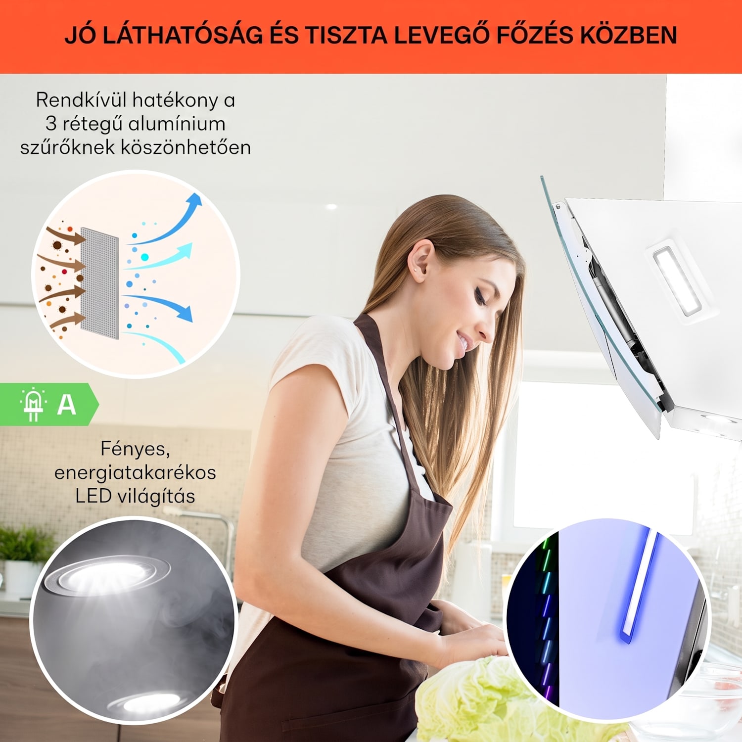 Clara 90, páraelszívó, 509 m³/ó, érintőkijelző, környezeti háttérvilágítás 90 cm | Fehér