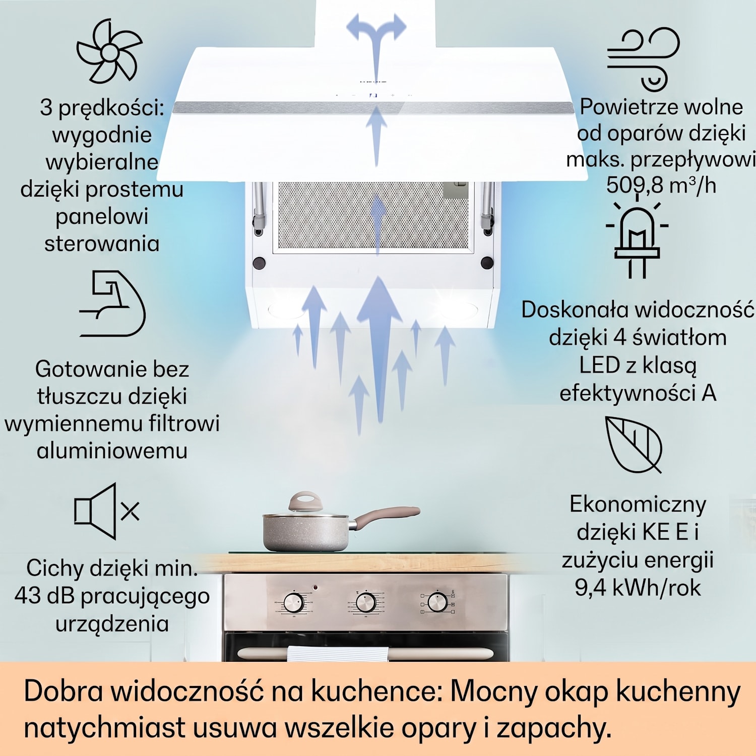 Clara 90, okap kuchenny przyścienny, 90 cm, 590 m³/h, panel dotykowy, oświetlenie ambientowe, szklany 90 cm | Biały