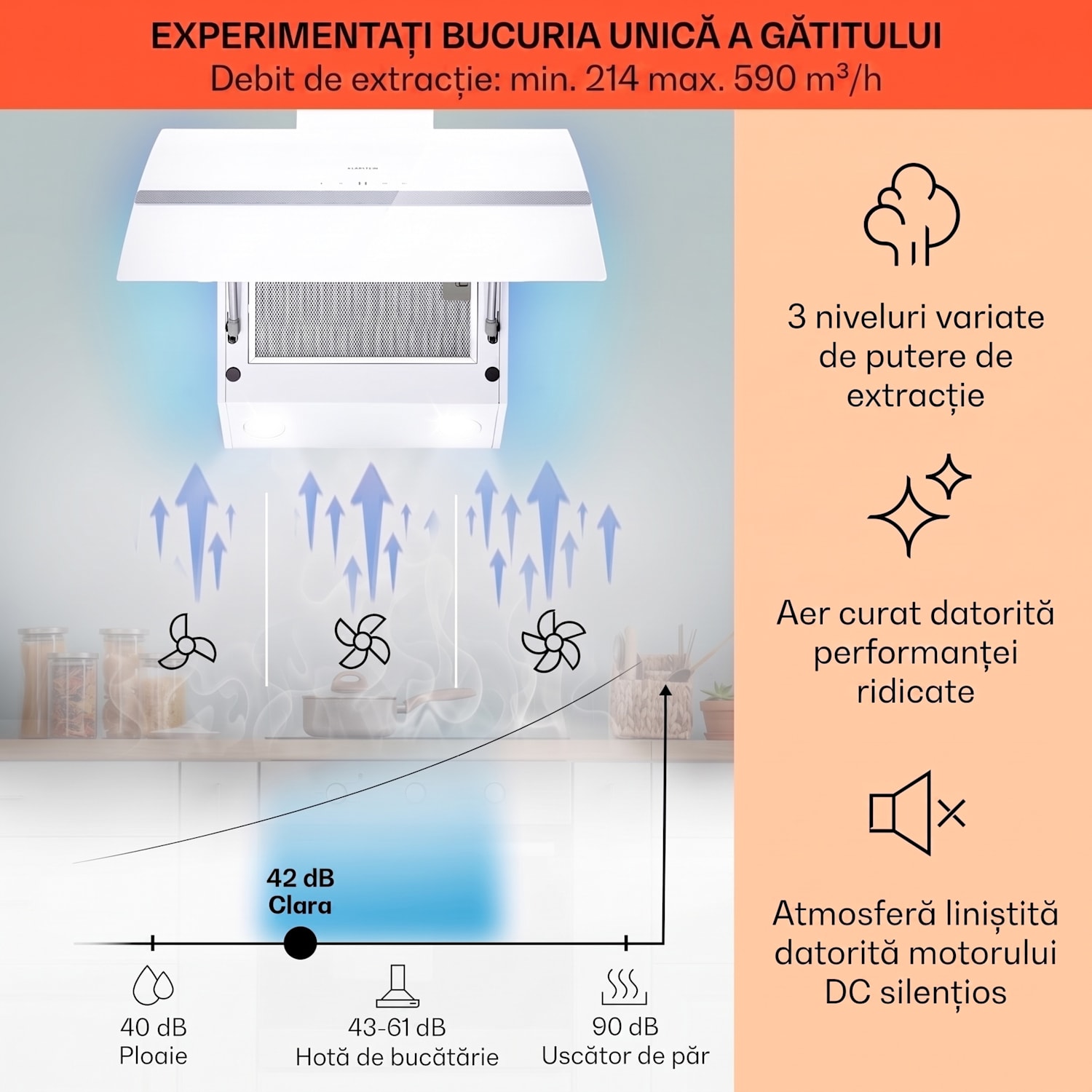 Clara 90, hotă, 590 m³/h, ecran tactil, iluminare ambientală 90 cm | Alb