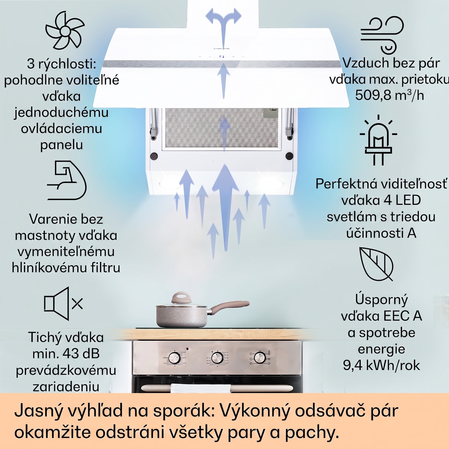 Clara 90, digestor, 509 m³/h, dotykový displej, ambientné podsvietenie 90 cm | Biela