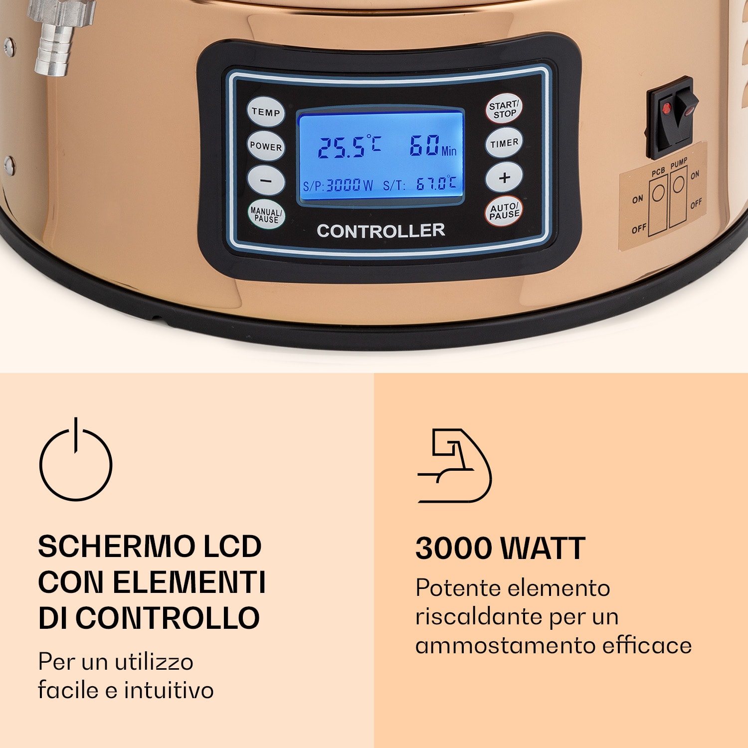 Mundschenk XXL - Caldaia di ammostamento, impianto per la produzione di birra, 3000 W, 50 l, acciaio inox 304 XXL | Rame